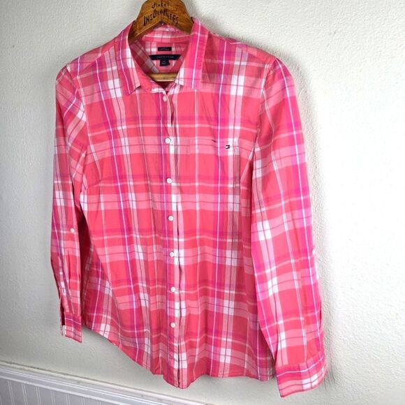 Tommy Hilfiger Women's Classic Fit Button Down Roll Tab Pink Plaid Shirt Large - Picture 3 of 9